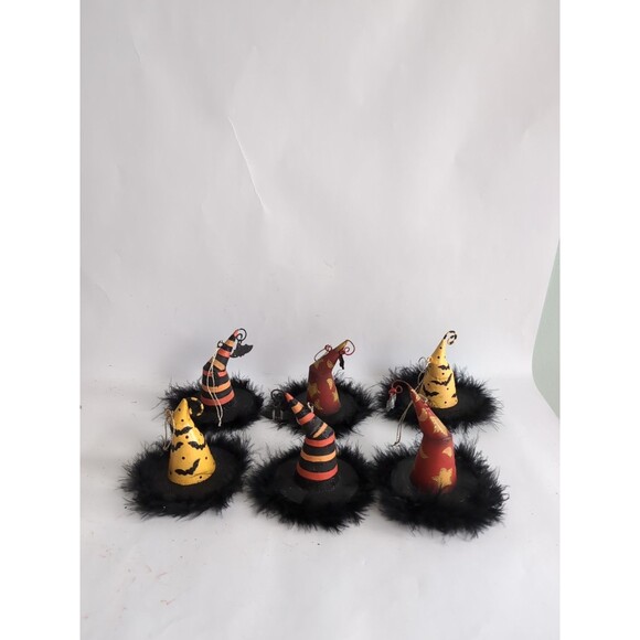 Pier One Witch Hat Halloween Ornaments Feathers Metal Vintage Lot of 6 - Picture 1 of 8